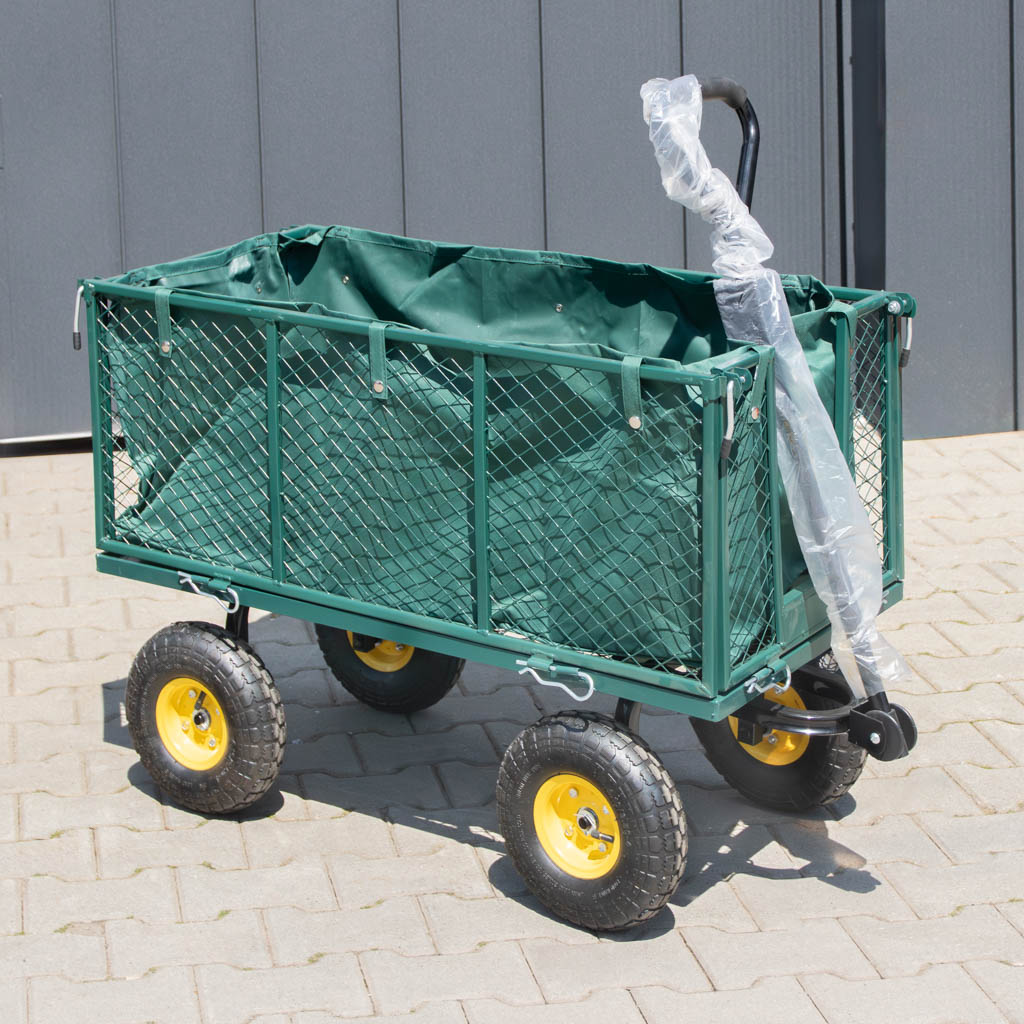 wózek ogrodowy składany, wózek transportowy 500 kg, wózek ogrodowy, wózek z otwieranymi burtami, wózek na narzędzia ogrodowe, wózek z pokrowcem, wózek z kołami pneumatycznymi, sprzęt ogrodowy transportowy