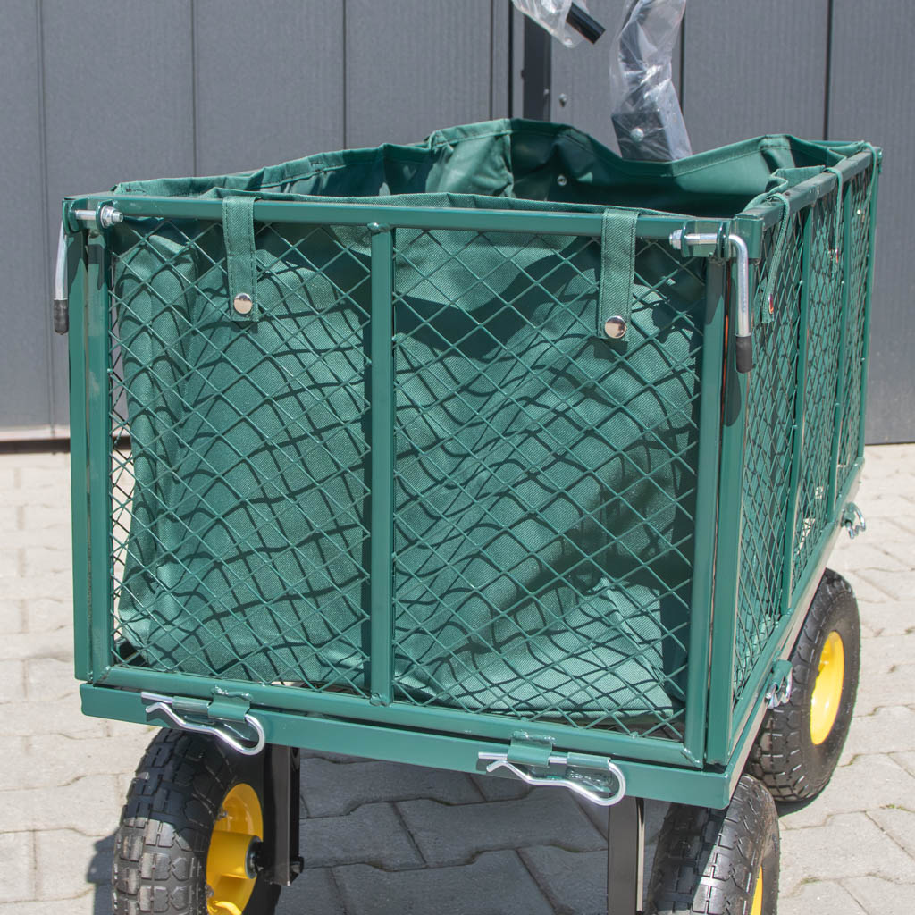 wózek ogrodowy składany, wózek transportowy 500 kg, wózek ogrodowy, wózek z otwieranymi burtami, wózek na narzędzia ogrodowe, wózek z pokrowcem, wózek z kołami pneumatycznymi, sprzęt ogrodowy transportowy