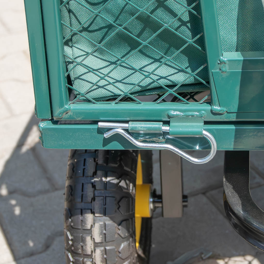 wózek ogrodowy składany, wózek transportowy 500 kg, wózek ogrodowy, wózek z otwieranymi burtami, wózek na narzędzia ogrodowe, wózek z pokrowcem, wózek z kołami pneumatycznymi, sprzęt ogrodowy transportowy