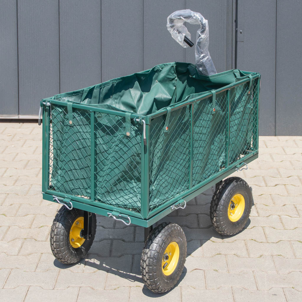 wózek ogrodowy składany, wózek transportowy 500 kg, wózek ogrodowy, wózek z otwieranymi burtami, wózek na narzędzia ogrodowe, wózek z pokrowcem, wózek z kołami pneumatycznymi, sprzęt ogrodowy transportowy