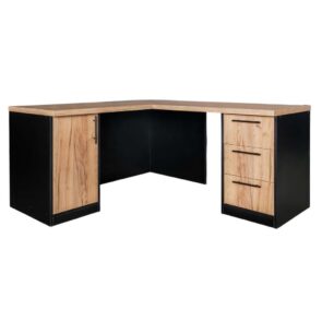 Zdjęcie produktu: Biurko narożne przyścienne z szafką i szufladami Mega-M H- 76 cm L- 160 cm G- 60 cm dąb kraft/czarny
