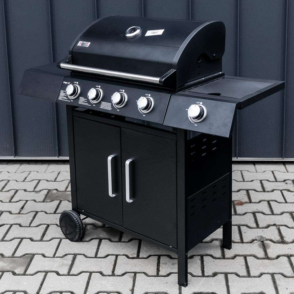 grill, grill ogrodowy, grill z termometrem, grill chromowany ruszt, grill z pokrywą i półką boczną