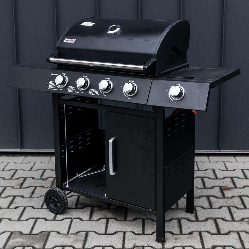 grill, grill ogrodowy, grill z termometrem, grill chromowany ruszt, grill z pokrywą i półką boczną