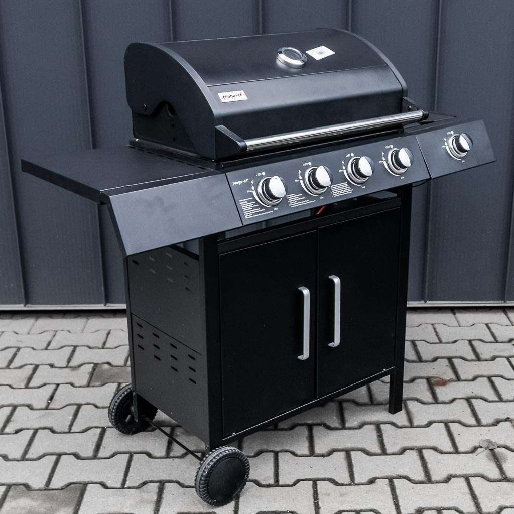 grill, grill ogrodowy, grill z termometrem, grill chromowany ruszt, grill z pokrywą i półką boczną