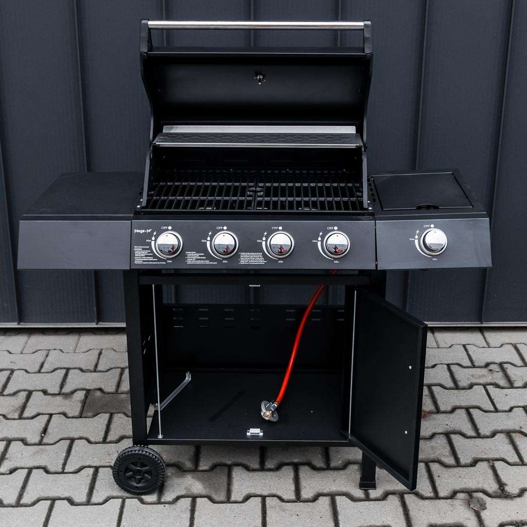 grill, grill ogrodowy, grill z termometrem, grill chromowany ruszt, grill z pokrywą i półką boczną