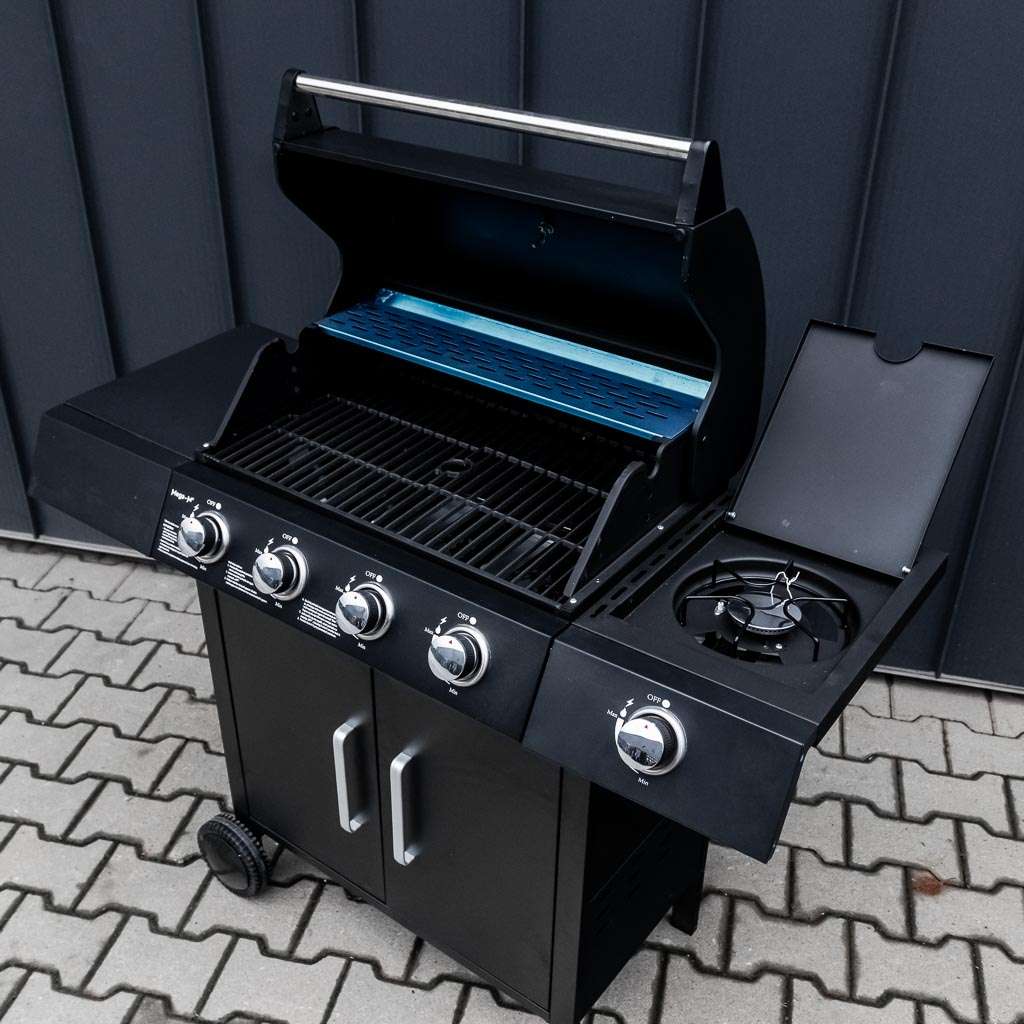 grill, grill ogrodowy, grill z termometrem, grill chromowany ruszt, grill z pokrywą i półką boczną