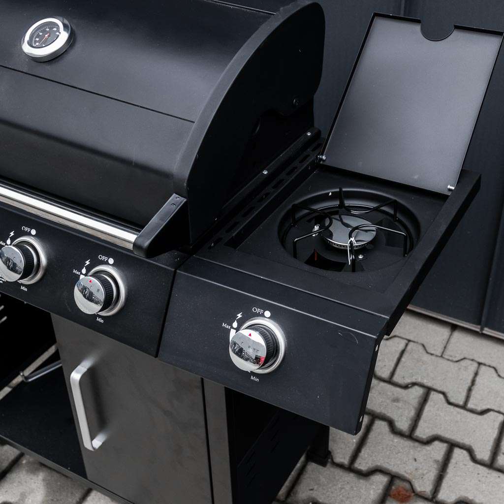 grill, grill ogrodowy, grill z termometrem, grill chromowany ruszt, grill z pokrywą i półką boczną