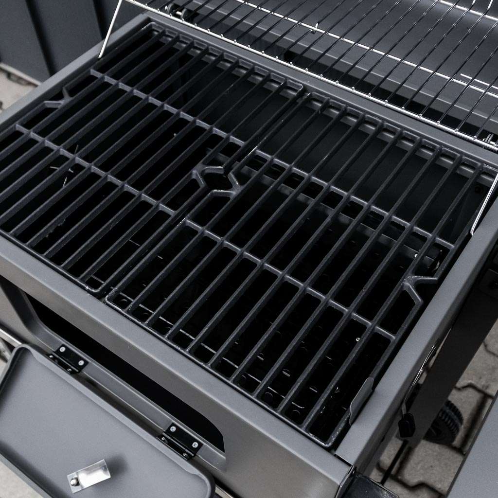 grill, grill ogrodowy, grill z termometrem, grill chromowany ruszt, grill z pokrywą i półką boczną