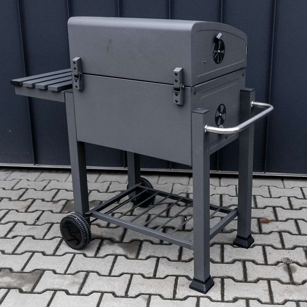 grill, grill ogrodowy, grill z termometrem, grill chromowany ruszt, grill z pokrywą i półką boczną