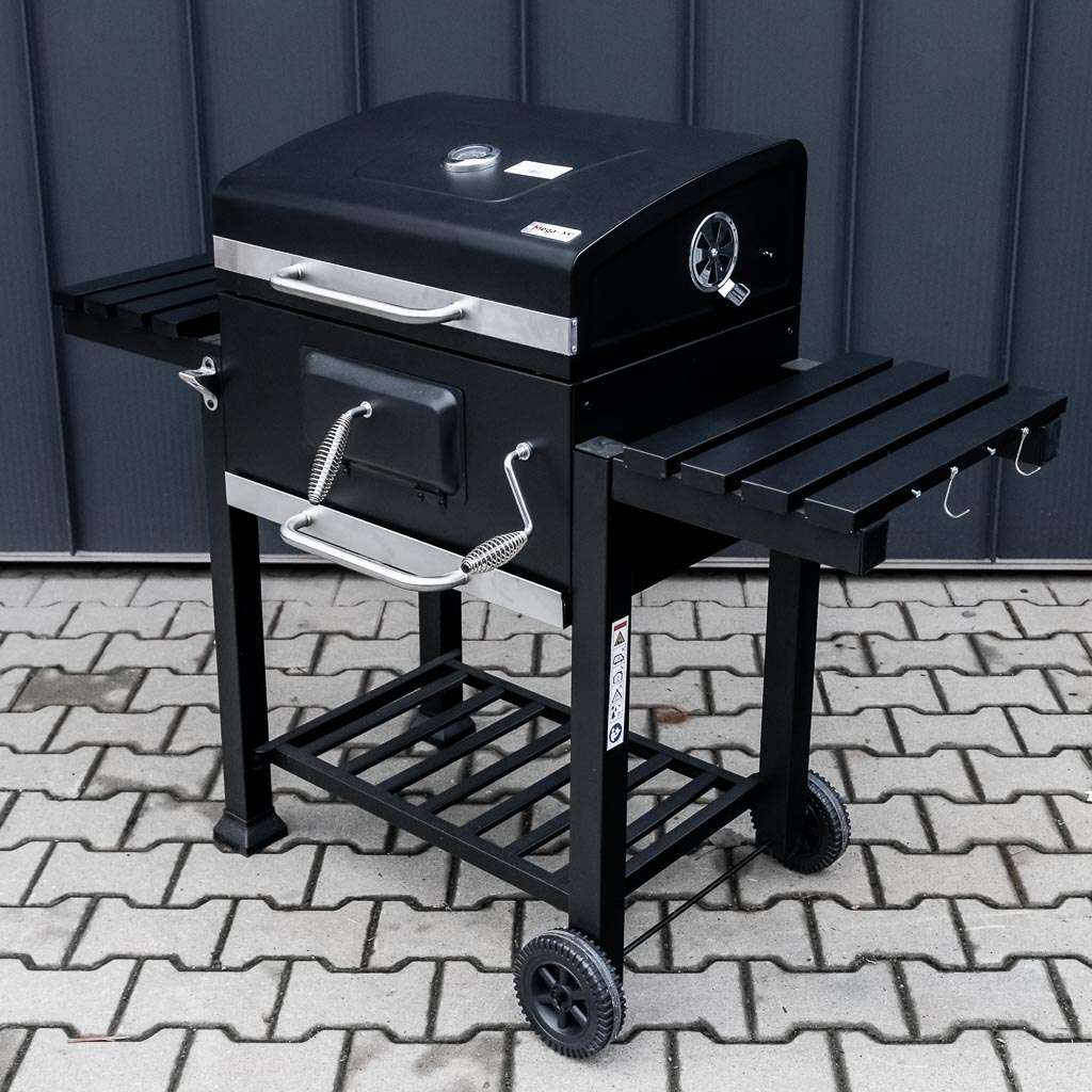 grill, grill ogrodowy, grill z termometrem, grill chromowany ruszt, grill z pokrywą i półką boczną