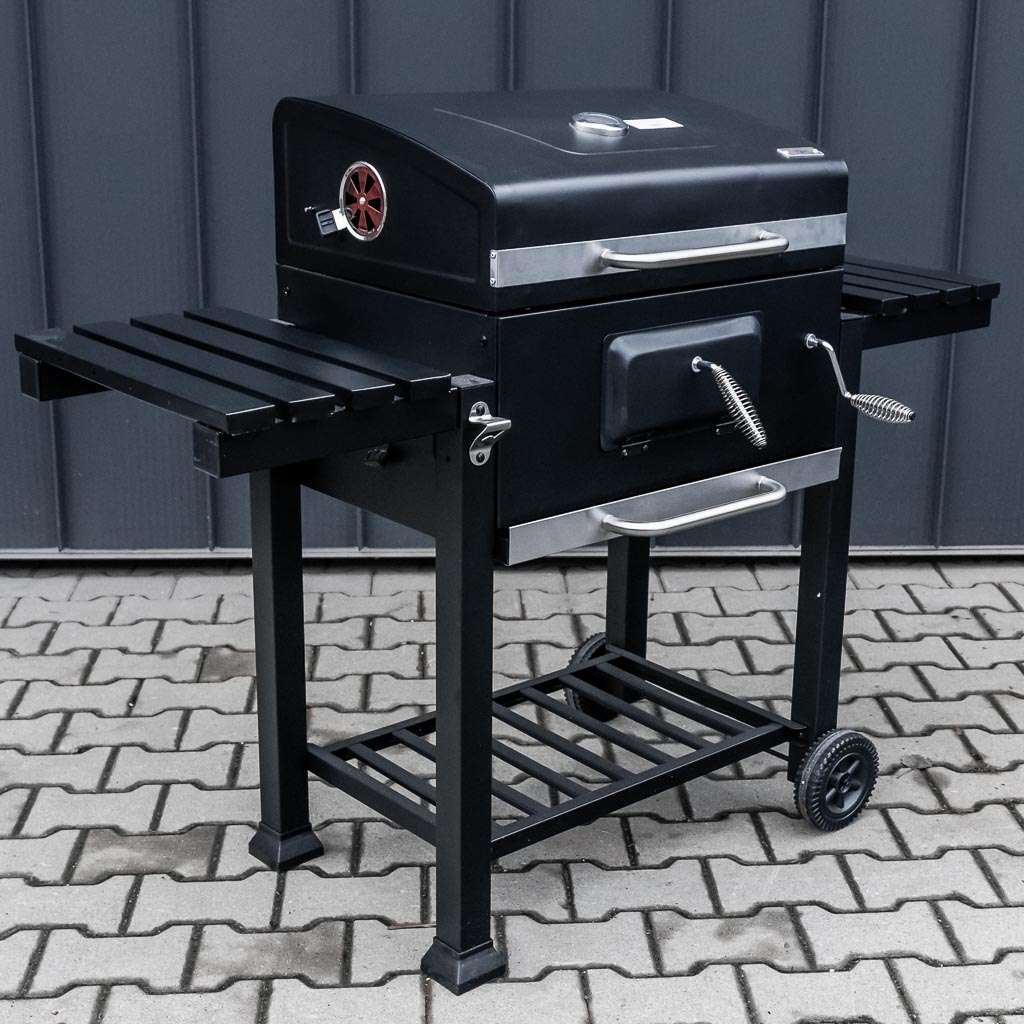 grill, grill ogrodowy, grill z termometrem, grill chromowany ruszt, grill z pokrywą i półką boczną