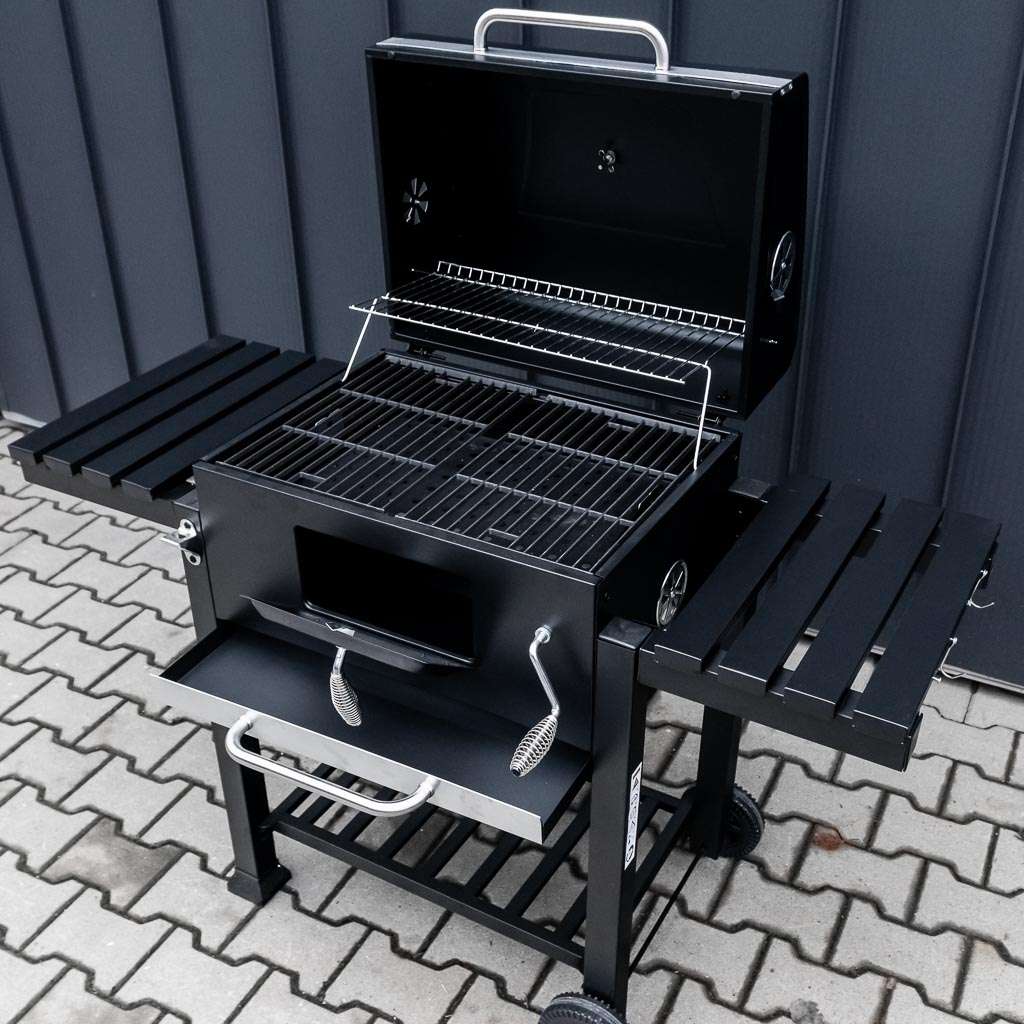 grill, grill ogrodowy, grill z termometrem, grill chromowany ruszt, grill z pokrywą i półką boczną