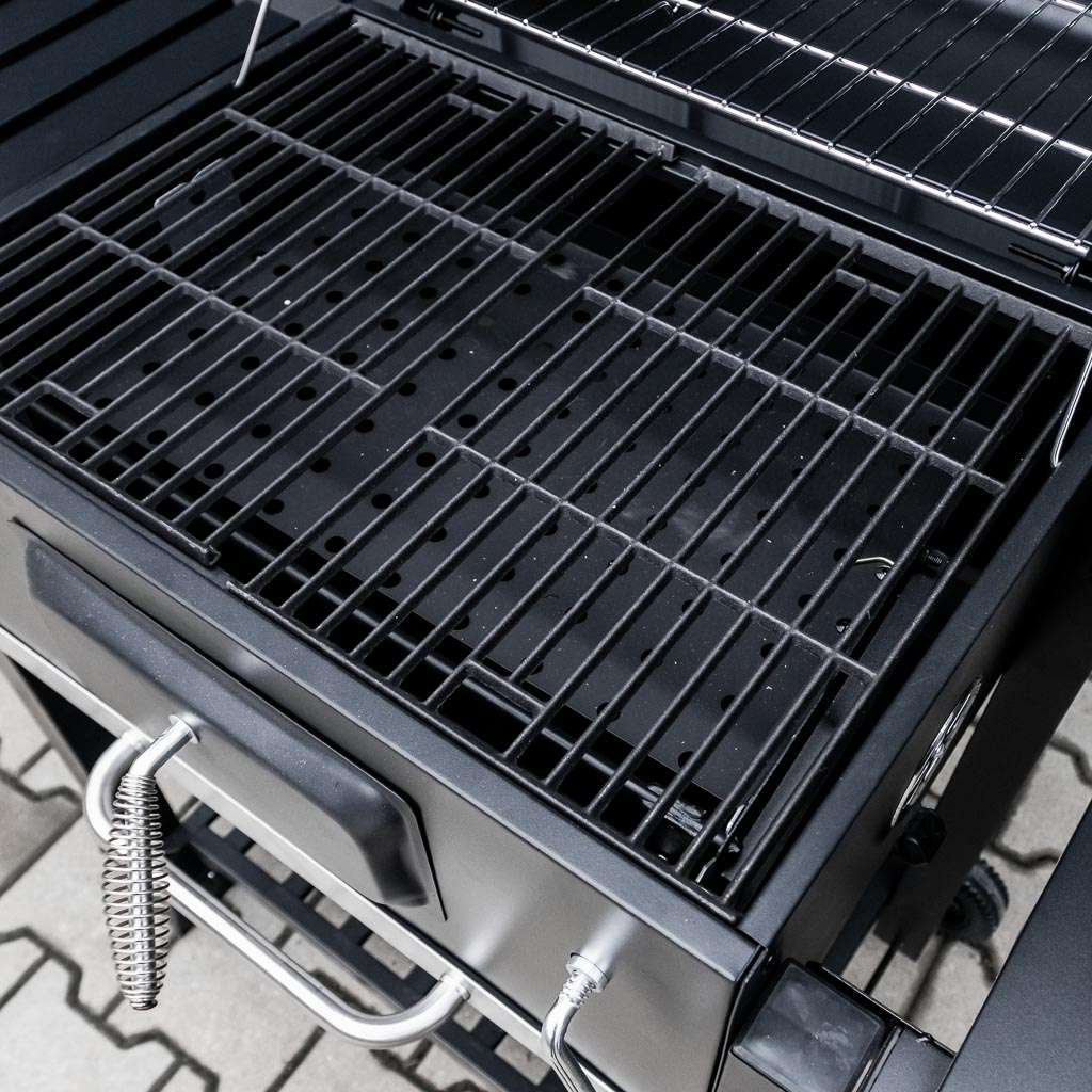 grill, grill ogrodowy, grill z termometrem, grill chromowany ruszt, grill z pokrywą i półką boczną