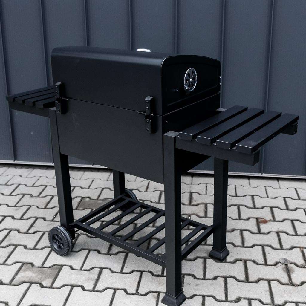 grill, grill ogrodowy, grill z termometrem, grill chromowany ruszt, grill z pokrywą i półką boczną