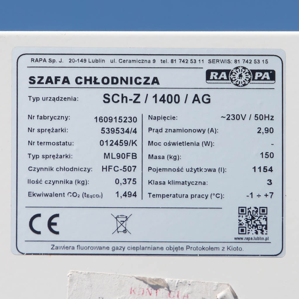 Szafa chłodnicza zapleczowa RAPA tabliczka znamionowa