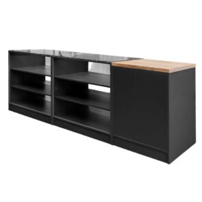 Zdjęcie produktu: Lada sklepowa sprzedażowa impulsowa z przeszkloną górą i frontem Mega-M H-90 cm L-270 cm G-60 cm antracyt/blat dąb kraft