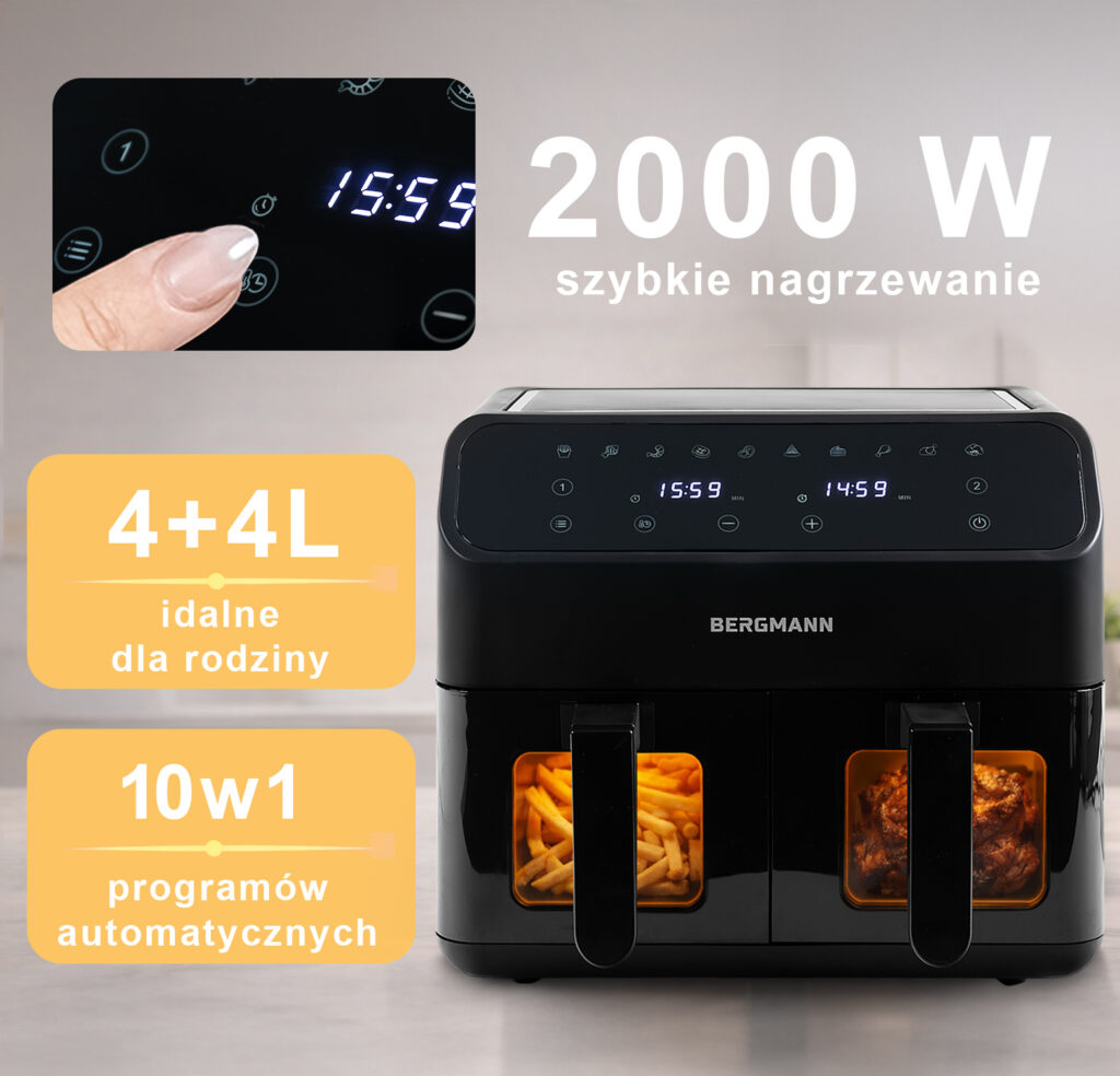 Frytkownica beztłuszczowa Air Fryer BERGMANN YA dwa kosze 2x4L 2000W