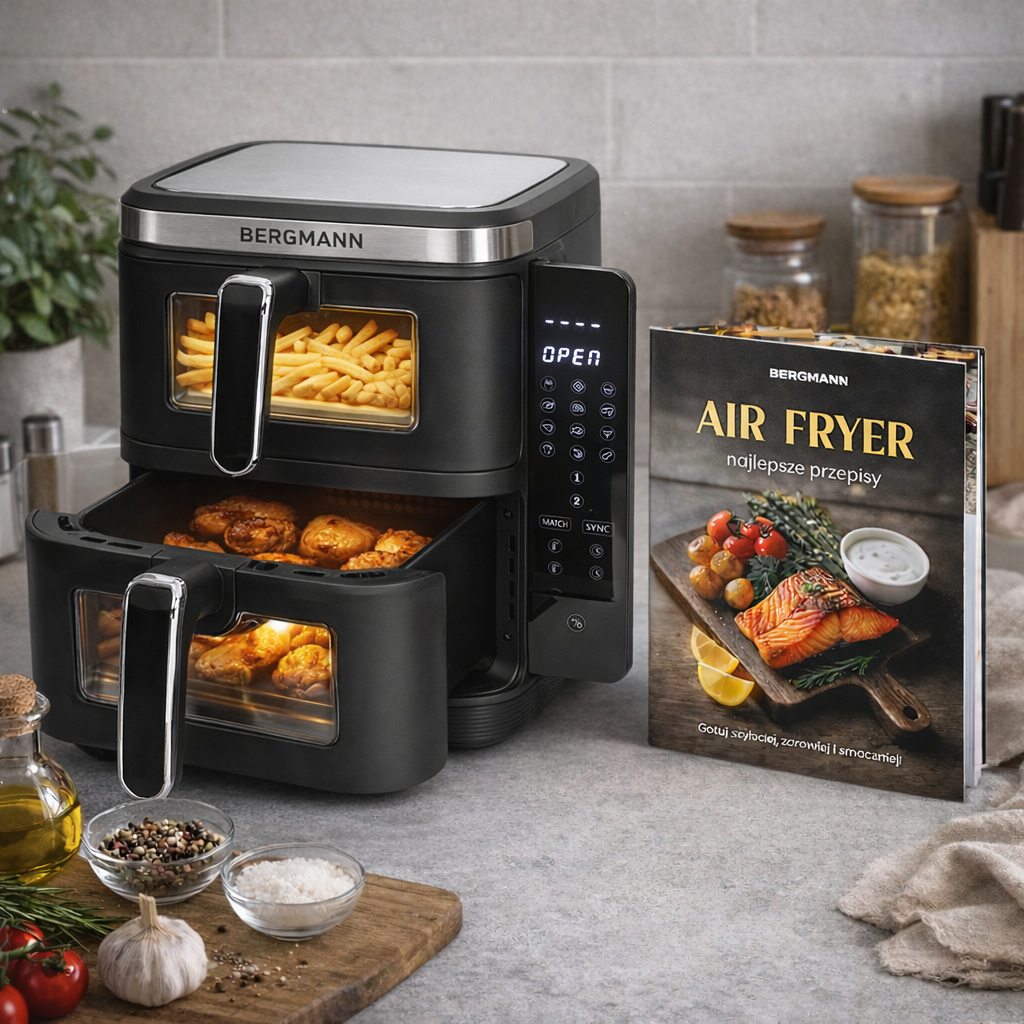 Frytkownica beztłuszczowa Air Fryer BERGMANN YI dwa kosze 2x5,5L 2800W książka kucharska w zestawie