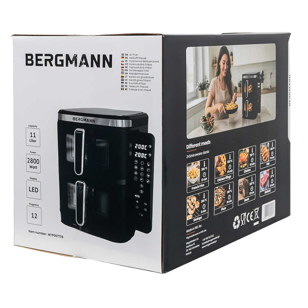 Frytkownica beztłuszczowa Air Fryer BERGMANN YI dwa kosze 2x5,5L 2800W książka kucharska w zestawie