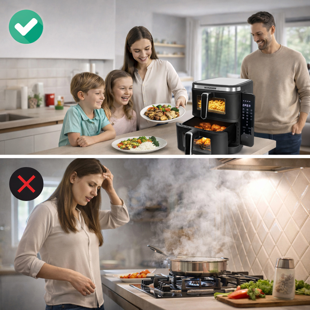 Frytkownica beztłuszczowa Air Fryer BERGMANN YI dwa kosze 2x5,5L 2800W książka kucharska w zestawie