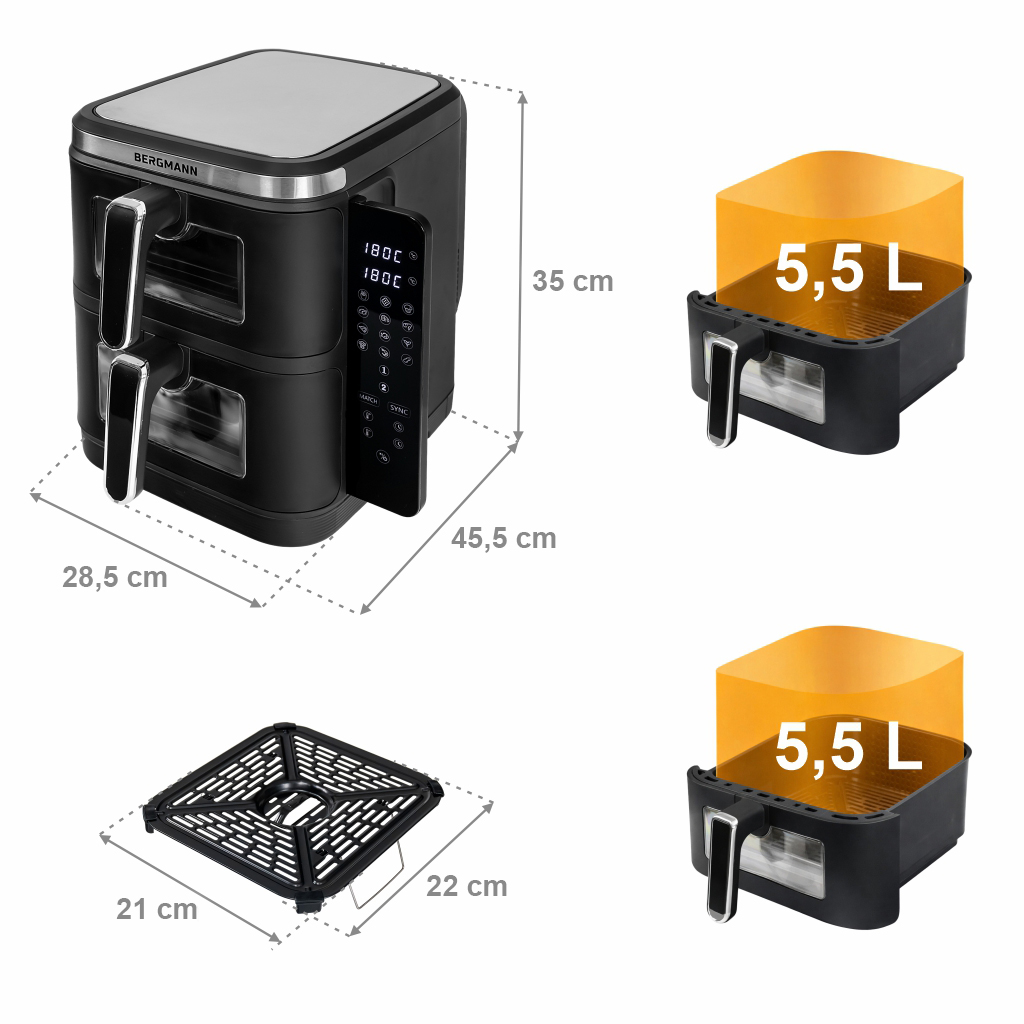 Frytkownica beztłuszczowa Air Fryer BERGMANN YI dwa kosze 2x5,5L 2800W książka kucharska w zestawie
