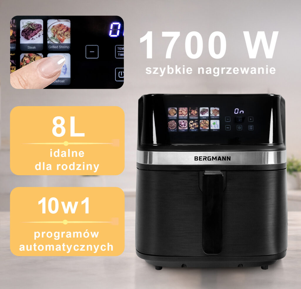 Frytkownica beztłuszczowa Air Fryer BERGMANN YI kosz 8L 1700W książka kucharska w zestawie