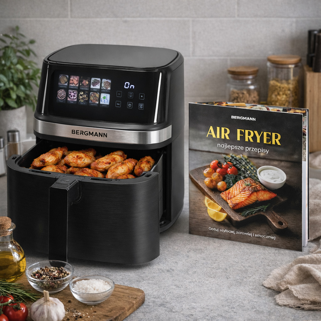 Frytkownica beztłuszczowa Air Fryer BERGMANN YI kosz 8L 1700W książka kucharska w zestawie