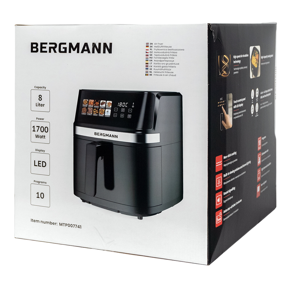 Frytkownica beztłuszczowa Air Fryer BERGMANN YI kosz 8L 1700W książka kucharska w zestawie
