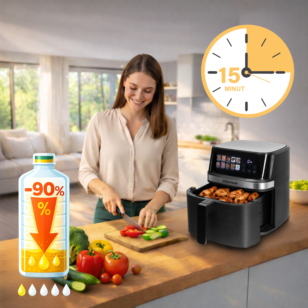 Frytkownica beztłuszczowa Air Fryer BERGMANN YI kosz 8L 1700W książka kucharska w zestawie