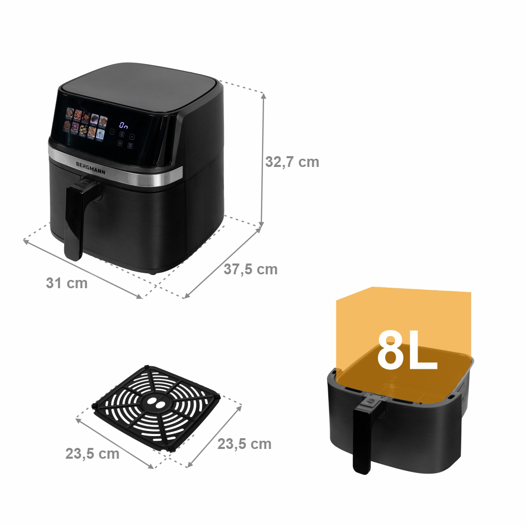 Frytkownica beztłuszczowa Air Fryer BERGMANN YI kosz 8L 1700W książka kucharska w zestawie