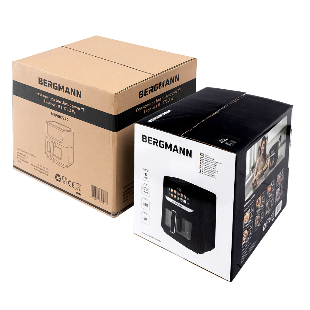 Frytkownica beztłuszczowa Air Fryer BERGMANN YI kosz 8L 1750W książka kucharska w zestawie