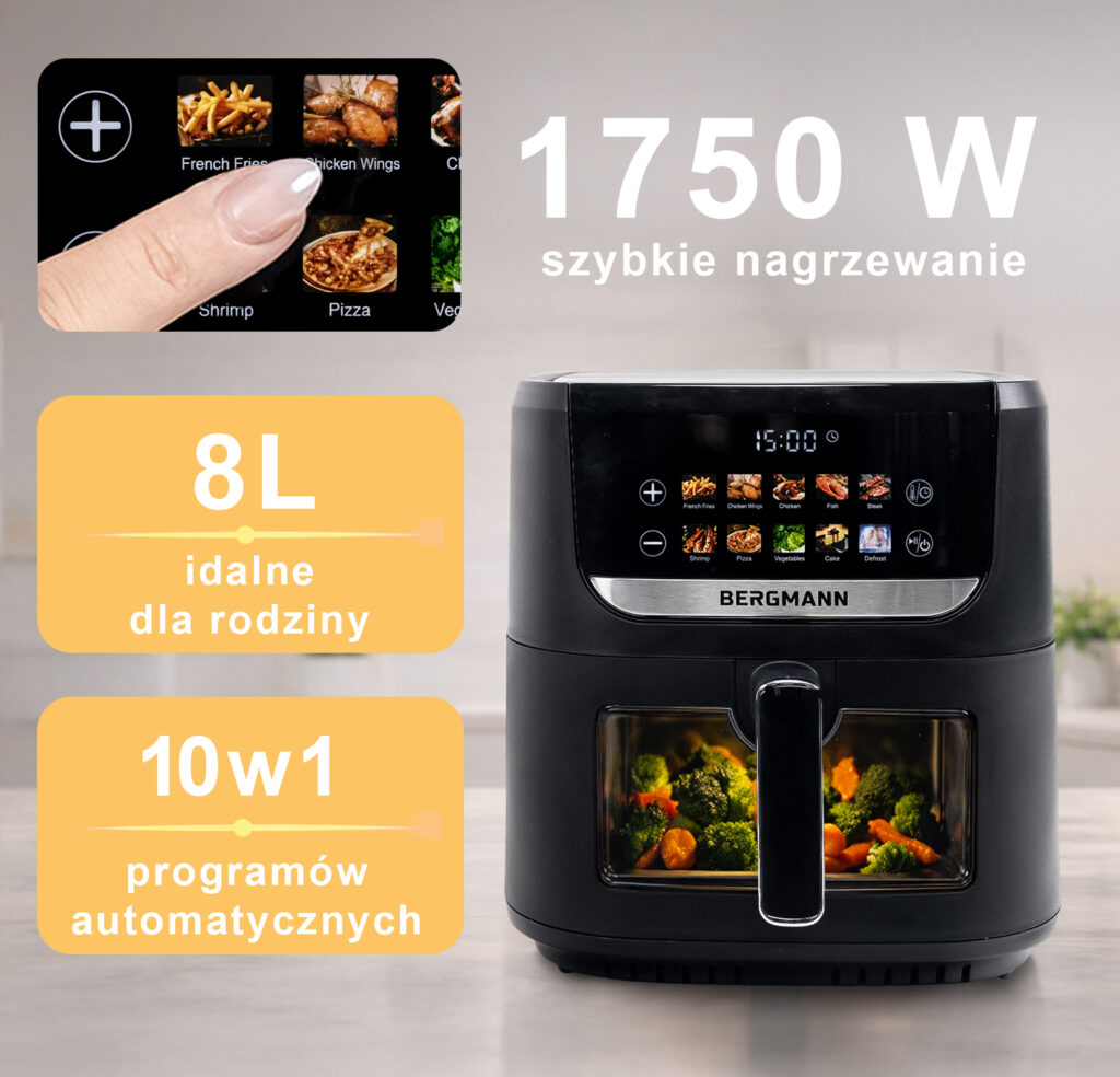 Frytkownica beztłuszczowa Air Fryer BERGMANN YI kosz 8L 1750W książka kucharska w zestawie