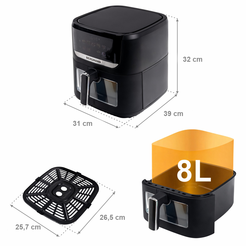 Frytkownica beztłuszczowa Air Fryer BERGMANN YI kosz 8L 1750W książka kucharska w zestawie