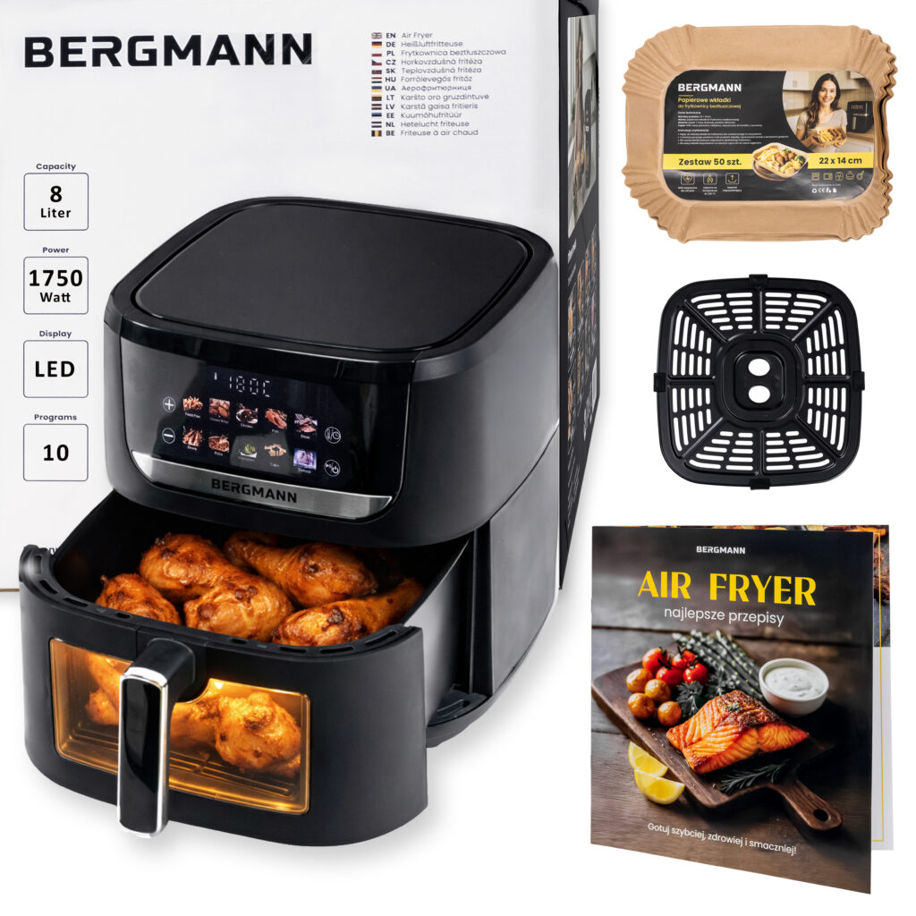 Frytkownica beztłuszczowa Air Fryer BERGMANN YI kosz 8L 1750W książka kucharska w zestawie