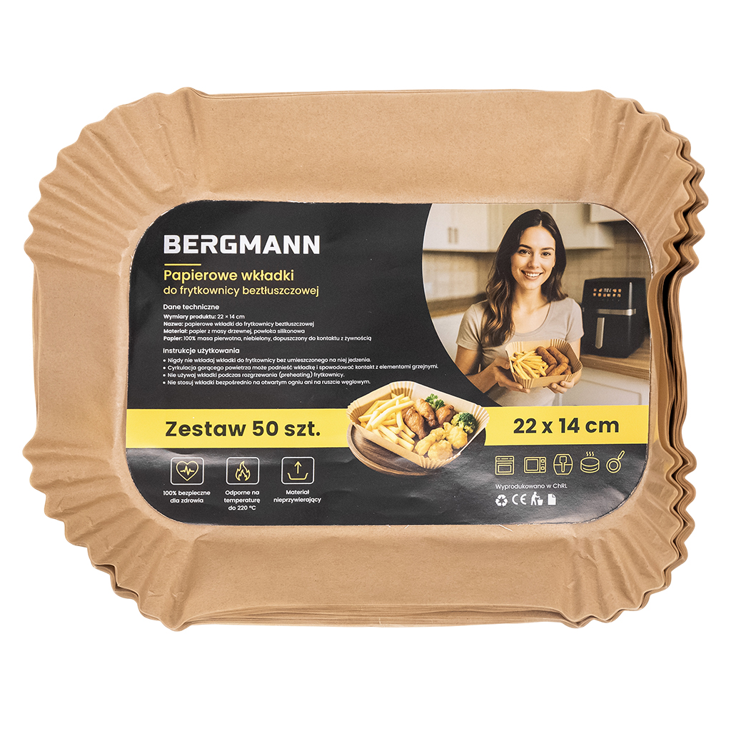 Frytkownica beztłuszczowa Air Fryer BERGMANN YI kosz 8L 1750W książka kucharska w zestawie tacki papierowe