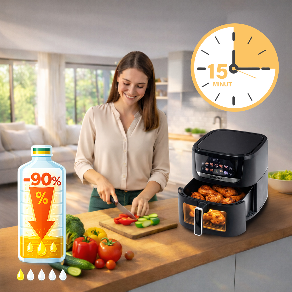 Frytkownica beztłuszczowa Air Fryer BERGMANN YI kosz 8L 1750W książka kucharska w zestawie
