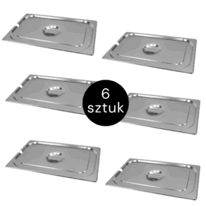 Zdjęcie produktu: Pokrywka do GN 1/1 ze stali nierdzewnej Mega-M 53×32,5 cm z wycięciem na chochlę zestaw 6 szt.