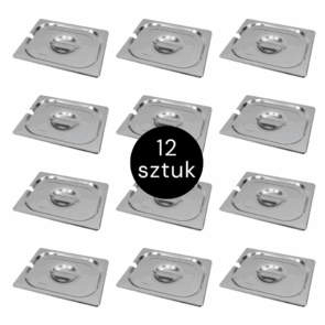 Zdjęcie produktu: Pokrywka do GN 1/2 ze stali nierdzewnej Mega-M 32,5×26,5 cm z wycięciem na chochlę zestaw 12 szt.