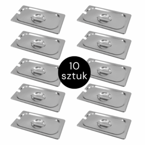 Zdjęcie produktu: Pokrywka do GN 1/3 ze stali nierdzewnej Mega-M 32,5×17,6 cm z wycięciem na chochlę zestaw 10 szt.
