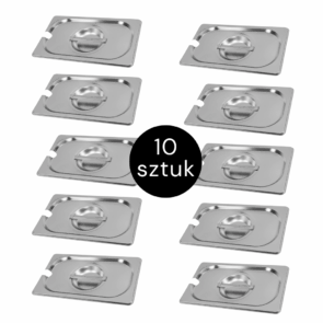 Zdjęcie produktu: Pokrywka do GN 1/4 ze stali nierdzewnej Mega-M 26,5×16,2 cm z wycięciem na chochlę zestaw 10 szt.