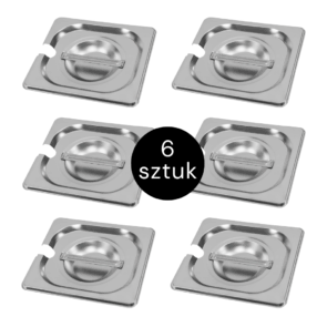 Zdjęcie produktu: Pokrywka do GN 1/6 ze stali nierdzewnej Mega-M 17,6×16,2 cm z wycięciem na chochlę zestaw 6 szt.
