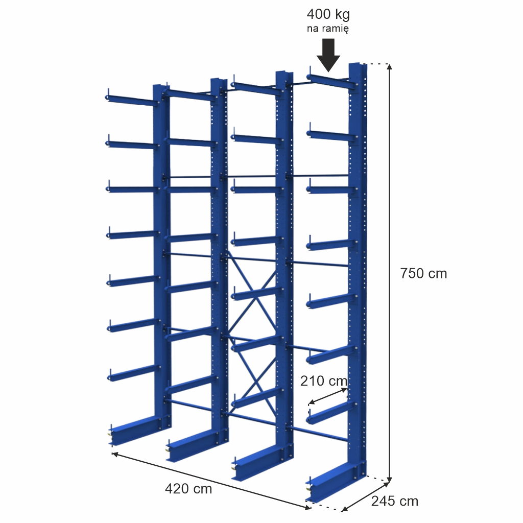 Regał wspornikowy jednostronny STOW H-750 cm nośność na ramię 400 kg 4 moduły
