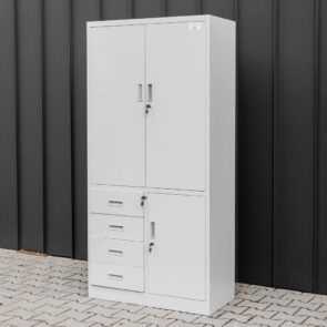 Zdjęcie produktu: Szafa biurowa metalowa na akta Mega-M WENUS pełne drzwi 4 szuflady S-90 cm G-40 cm H-185 cm szara POWYSTAWOWA