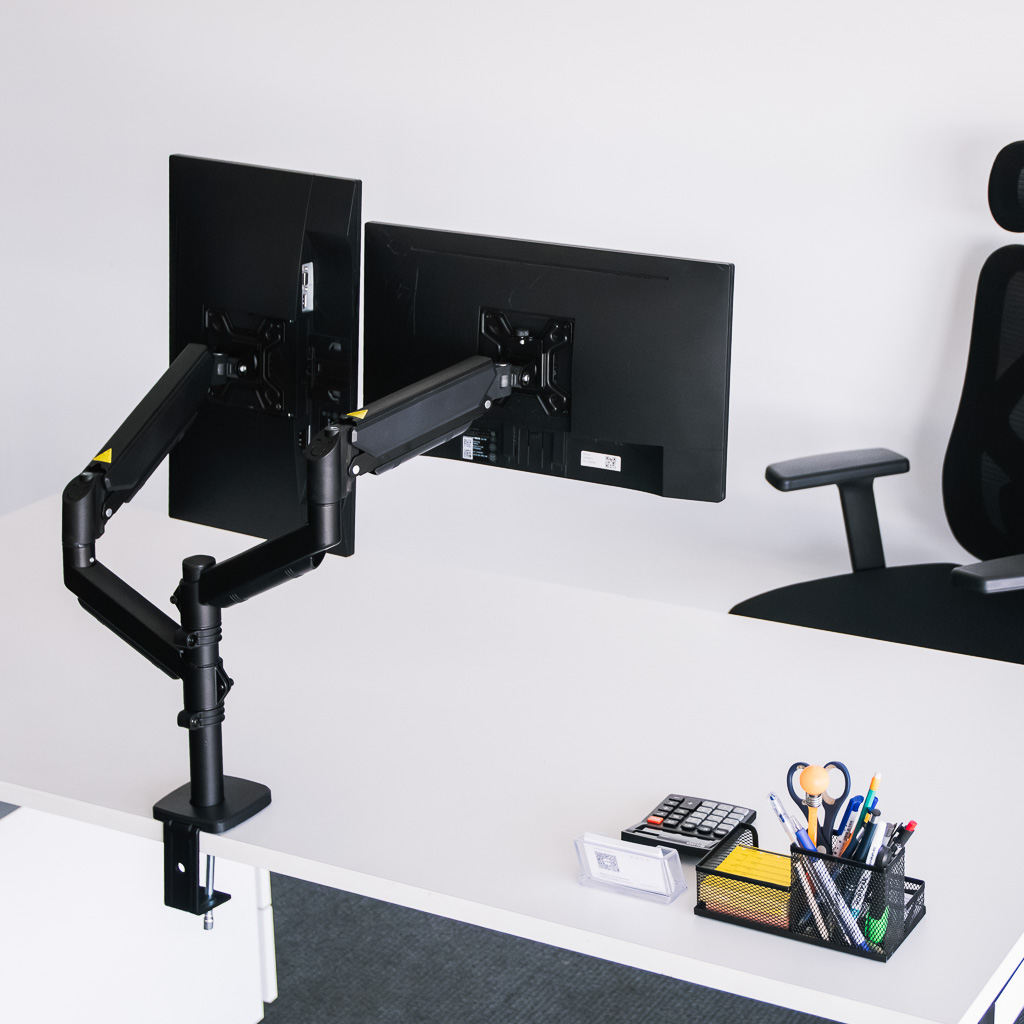 uchwyt do monitora, uchwyt biurkowy na monitor, uchwyt obrotowy do monitora, uchwyt dwuramienny do monitora