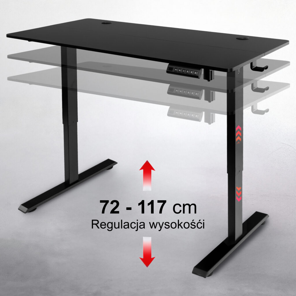 biurko regulowane elektrycznie, biurko z regulacją wysokości, biurko ergonomiczne, biurko czarne, biurko do home office, ciche biurko z silnikiem