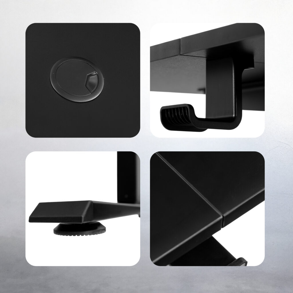 biurko regulowane elektrycznie, biurko z regulacją wysokości, biurko ergonomiczne, biurko czarne, biurko do home office, ciche biurko z silnikiem