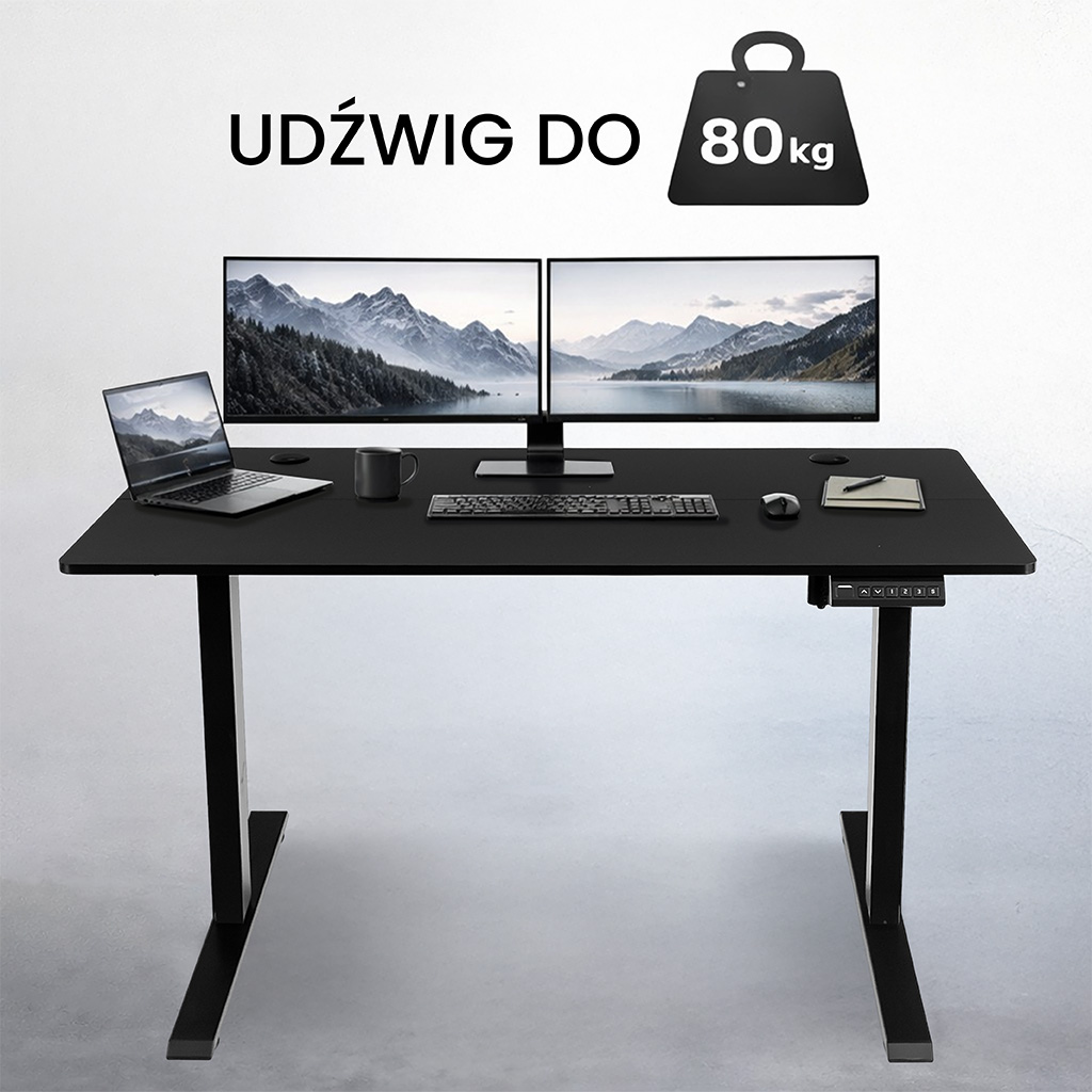 biurko regulowane elektrycznie, biurko z regulacją wysokości, biurko ergonomiczne, biurko czarne, biurko do home office, ciche biurko z silnikiem
