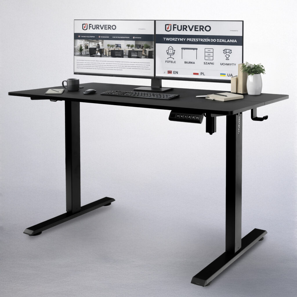 biurko regulowane elektrycznie, biurko z regulacją wysokości, biurko ergonomiczne, biurko czarne, biurko do home office, ciche biurko z silnikiem