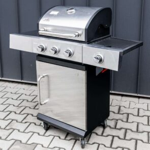 Zdjęcie produktu: Grill gazowy ogrodowy Mega-M 3+1 ze stolikiem bocznym pokrywą drzwiami ze stali nierdzewnej POWYSTAWOWY