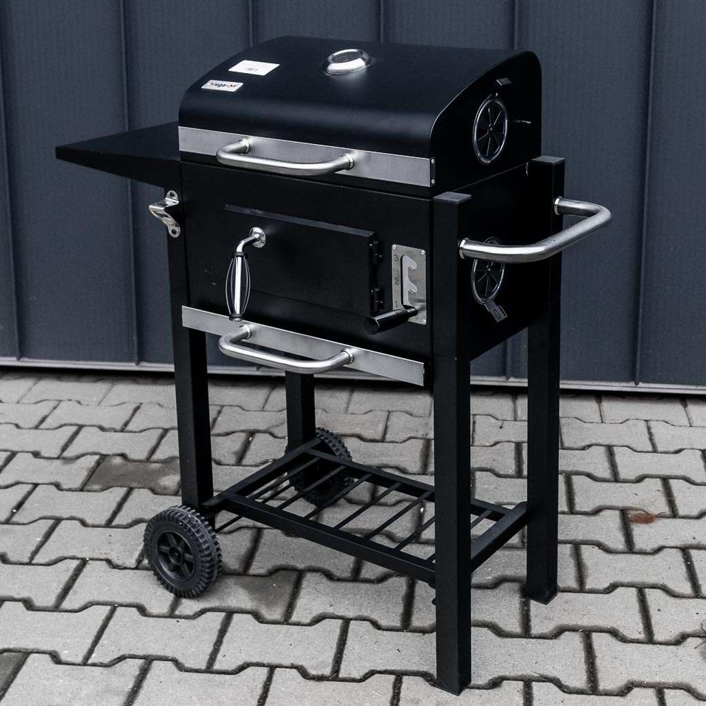 grill, grill ogrodowy, grill z termometrem, grill chromowany ruszt, grill z pokrywą i półką boczną